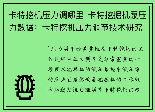 卡特挖机压力调哪里_卡特挖掘机泵压力数据：卡特挖机压力调节技术研究