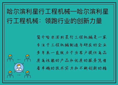 哈尔滨利星行工程机械—哈尔滨利星行工程机械：领跑行业的创新力量